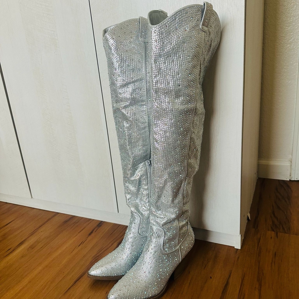 SHEIN Glittering Silver Over the Knee Boots